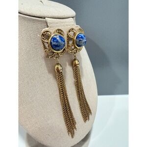 Vintage Gennaro Blue Marbled Glass Cabochon Tassel Drop Earrings Gold Tone